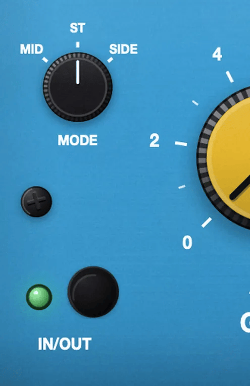 The Mode knob moving between Mid, Stereo and Side, and the In/Out lamp dropping
