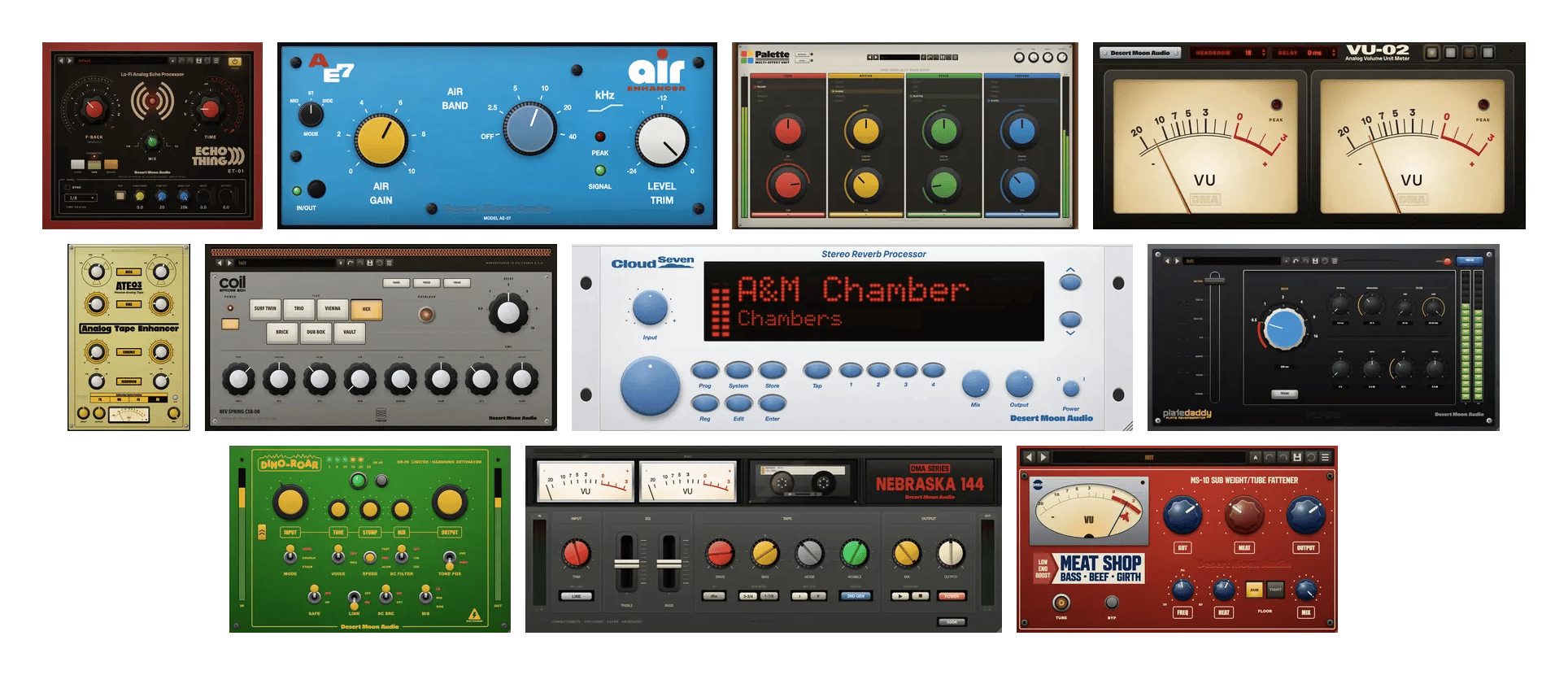 All eleven Desert Moon Audio plugins, live panels in one wall