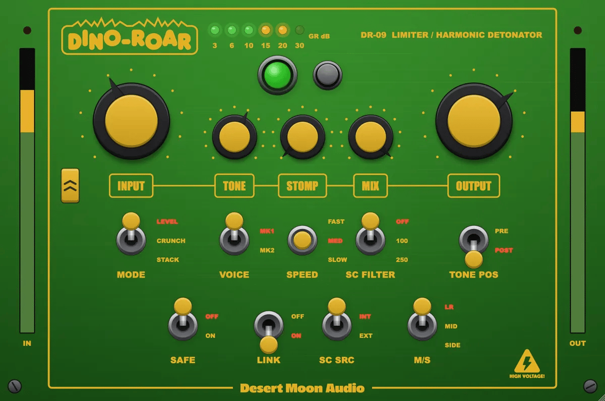 The Dino-Roar panel stepping through LEVEL, CRUNCH and STACK with the mood lamp answering
