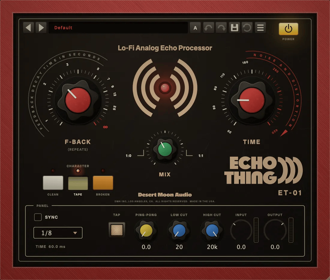 The Echo Thing panel with the Time knob sweeping from 60 ms up into the Red Zone and back