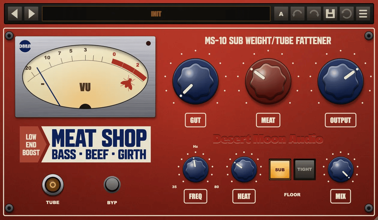 The Meat Shop panel with GUT sweeping, HEAT rising and the VU responding