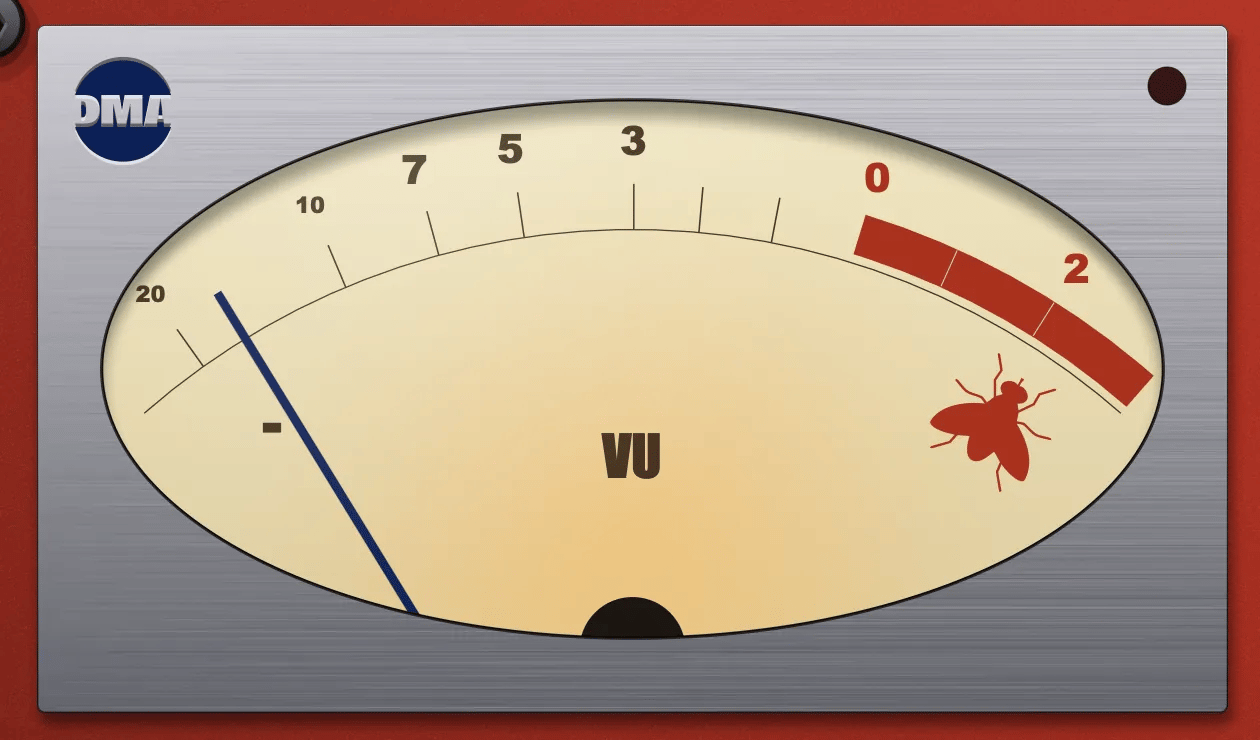 The VU meter riding a bass line — real ballistics, needle kissing the fly at +2